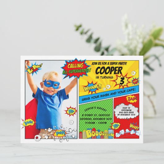 スーパーヒーローすごいパーティーヒーローフォト誕生日 招待状 (スタンド正面)