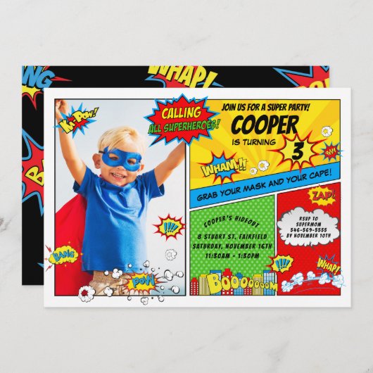 スーパーヒーローすごいパーティーヒーローフォト誕生日 招待状 (正面/裏面)