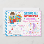 スーパーヒーローとユニコーンのジョイント誕生日招待状 招待状 (正面)