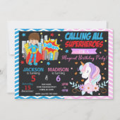 スーパーヒーローとユニコーンのジョイント誕生日招待状 招待状 (正面)