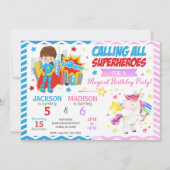 スーパーヒーローとユニコーンの合同誕生日招待状 招待状 (正面)
