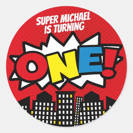 スーパーヒーローのステッカー、赤い誕生会の装飾 ラウンドシール (正面)