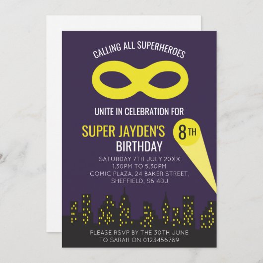スーパーヒーローのテーマの誕生日のパーティの招待状 招待状 (正面/裏面)
