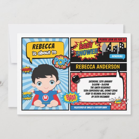 スーパーヒーローのベビーシャワー/英雄の男の子 招待状 (正面)