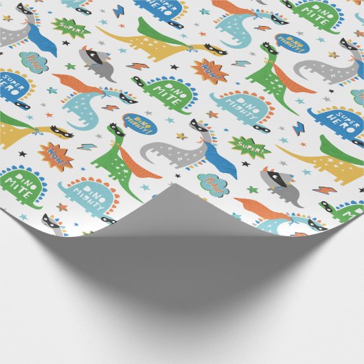 スーパーヒーローのマスクとキャップを持つ可愛い恐竜 ラッピングペーパー (角)