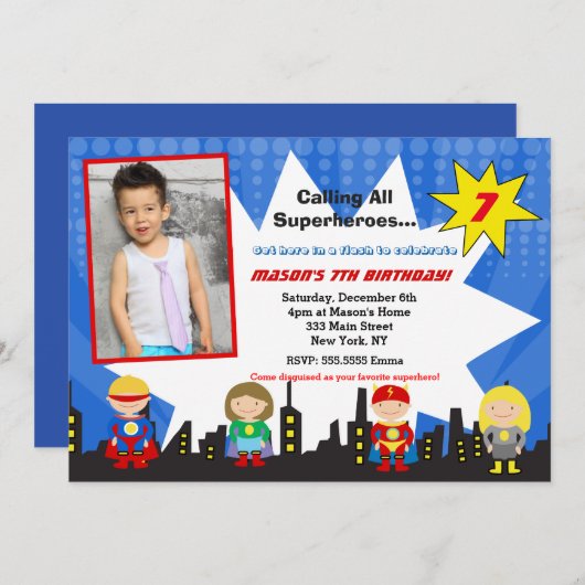 スーパーヒーローの写真のバースデーパーティ招待状 招待状 (正面/裏面)