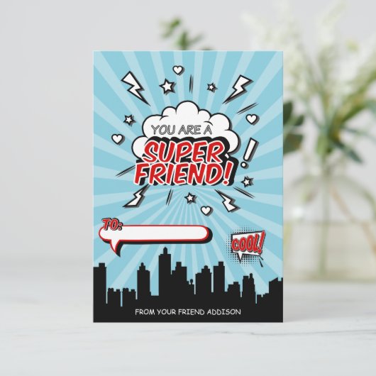 スーパーヒーローの友人の喜劇的な教室のバレンタインカード 招待状 (スタンド正面)