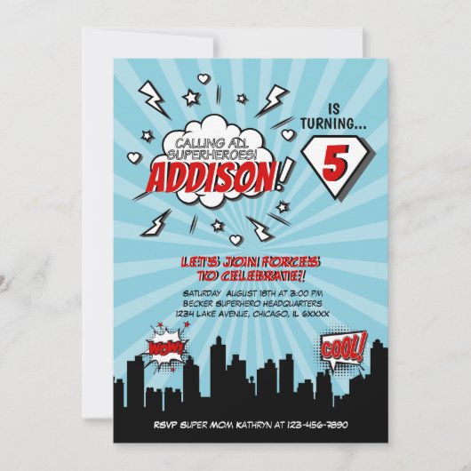 スーパーヒーローの喜劇的な誕生日のパーティの招待状 招待状 (正面)
