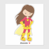 スーパーヒーローの女の子、かわいい女の子、茶色の髪、赤の衣装 シール (シート)
