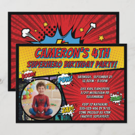スーパーヒーローの少年 レトロコミックのコスチューム 誕生日 招待状