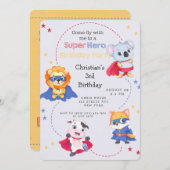 スーパーヒーローの漫画の動物の男の子の誕生日パーティー 招待状 (正面/裏面)