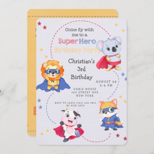スーパーヒーローの漫画の動物の男の子の誕生日パーティー 招待状 (正面/裏面)