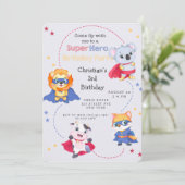 スーパーヒーローの漫画の動物の男の子の誕生日パーティー 招待状 (スタンド正面)