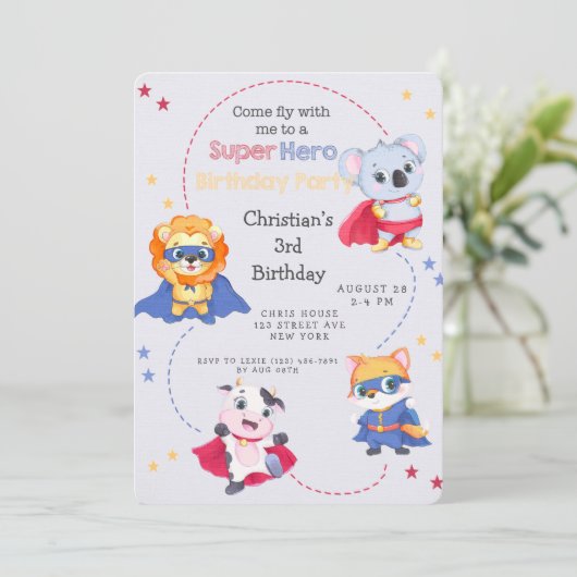スーパーヒーローの漫画の動物の男の子の誕生日パーティー 招待状 (スタンド正面)