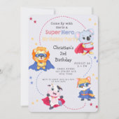 スーパーヒーローの漫画の動物の男の子の誕生日パーティー 招待状 (正面)