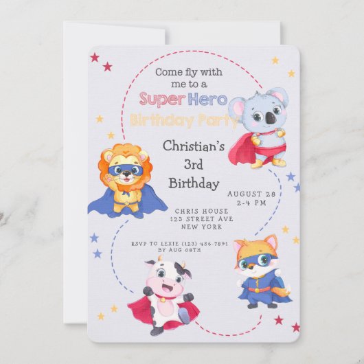 スーパーヒーローの漫画の動物の男の子の誕生日パーティー 招待状 (正面)
