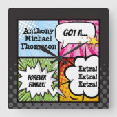 スーパーヒーローの漫画本のスタイルの採用のパーティーのギフト スクエア壁時計 (正面)