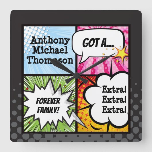 スーパーヒーローの漫画本のスタイルの採用のパーティーのギフト スクエア壁時計 (正面)