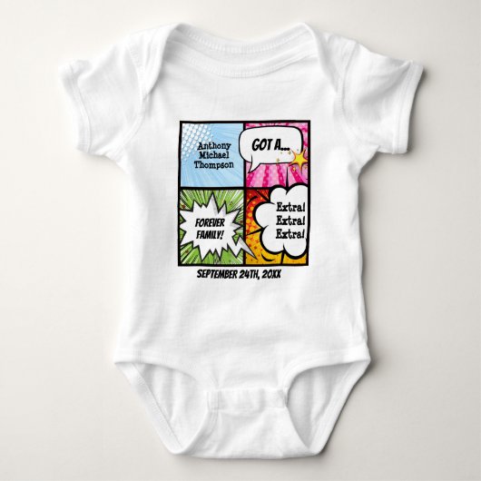 スーパーヒーローの漫画本のスタイルの採用のパーティーのティー ベビーボディスーツ (正面)