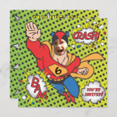 スーパーヒーローの漫画本の誕生会の写真カード 招待状 (正面/裏面)