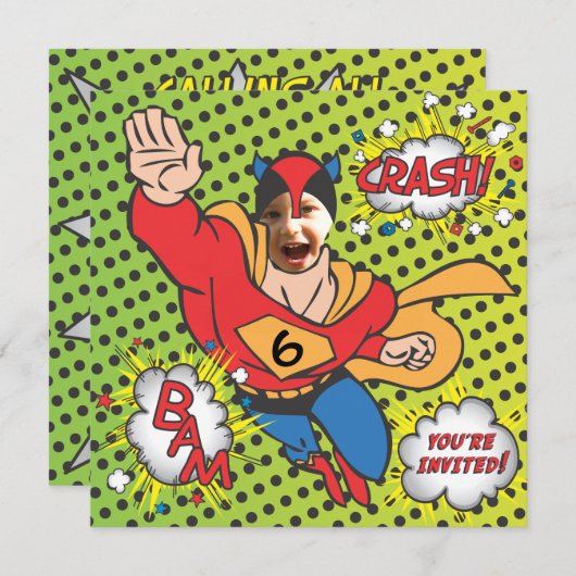 スーパーヒーローの漫画本の誕生会の写真カード 招待状 (正面/裏面)