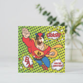 スーパーヒーローの漫画本の誕生会の写真カード 招待状 (スタンド正面)