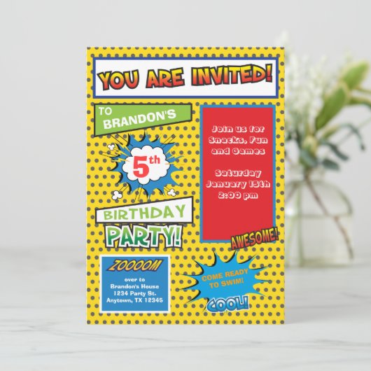 スーパーヒーローの漫画本の誕生日の招待状 招待状 (スタンド正面)