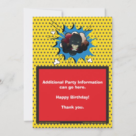 スーパーヒーローの漫画本の誕生日の招待状 招待状 (裏面)