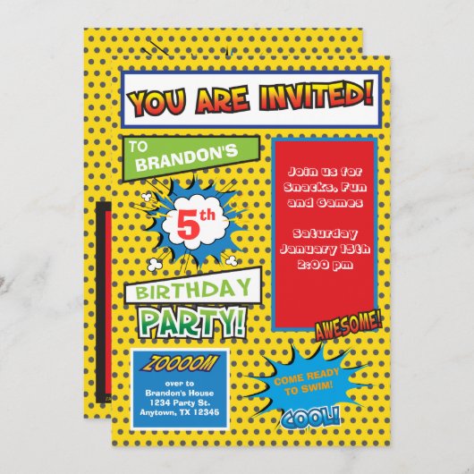 スーパーヒーローの漫画本の誕生日の招待状 招待状 (正面/裏面)