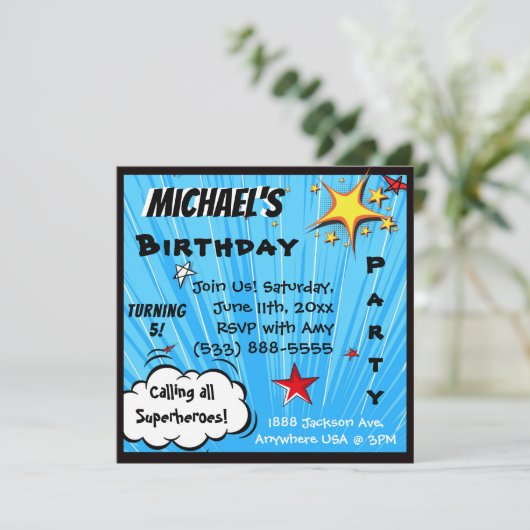 スーパーヒーローの漫画本の青い誕生会 招待状 (スタンド正面)