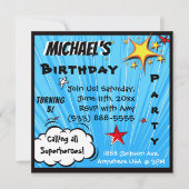 スーパーヒーローの漫画本の青い誕生会 招待状 (正面)