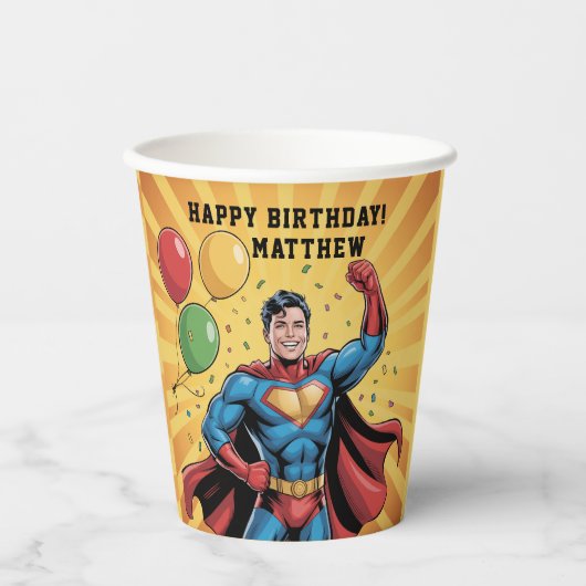 スーパーヒーローの男の子の誕生日パーティー 紙コップ (正面)