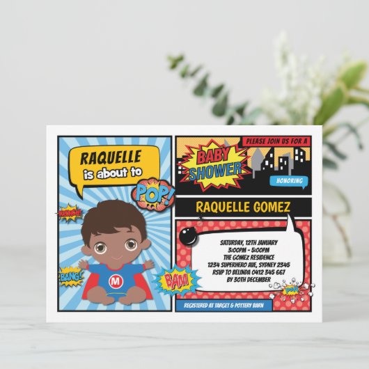 スーパーヒーローの男の赤ちゃんのシャワー/漫画本のスーパーヒーロー 招待状 (スタンド正面)