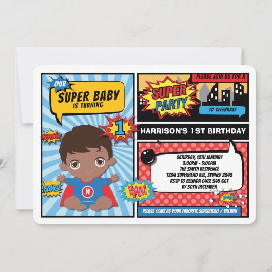 スーパーヒーローの第1誕生会/アフリカ系アメリカ人 招待状 (正面)