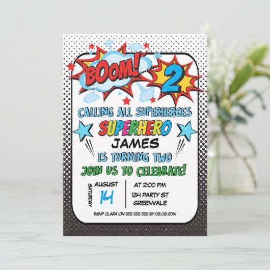 スーパーヒーローの第2誕生日のパーティの招待状 招待状 (スタンド正面)