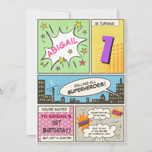 スーパーヒーローの誕生日招待状 かわいい ヴィンテージ 女の子 招待状 (正面)