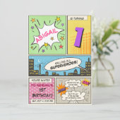 スーパーヒーローの誕生日招待状 かわいい ヴィンテージ 女の子 招待状 (スタンド正面)