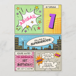 スーパーヒーローの誕生日招待状 かわいい ヴィンテージ 女の子 招待状