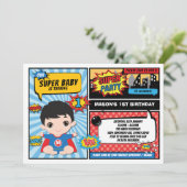 スーパーヒーローの1歳誕生日パーティーコミックス スーパーヒーロー 招待状 (スタンド正面)