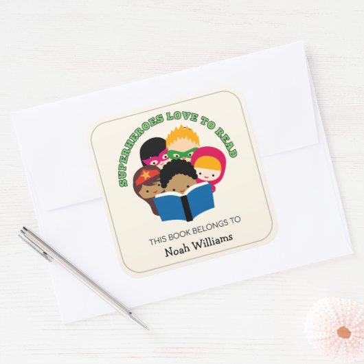 スーパーヒーローは読パーソナライズされた蔵書票 スクエアシール (封筒)