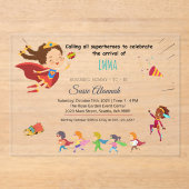 スーパーヒーローをテーマにしたベビーガールシャワー アクリル招待状 (正面)