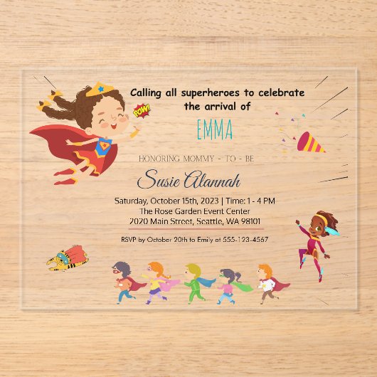 スーパーヒーローをテーマにしたベビーガールシャワー アクリル招待状 (正面)