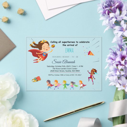 スーパーヒーローをテーマにしたベビーガールシャワー アクリル招待状 (インサイチュ (ウェディング))