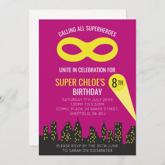 スーパーヒーローをテーマにした誕生日パーティーの招待 招待状 (正面/裏面)