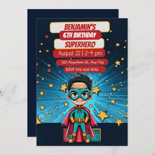 スーパーヒーローアドベンチャーアウェイツパーティの招待状 シーズンカード (正面/裏面)