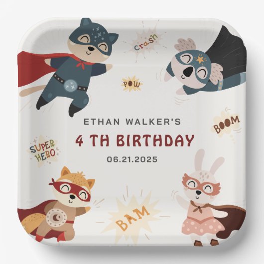 スーパーヒーローアニマルズキュートパーティー動物子供の誕生日 ペーパープレート (正面)