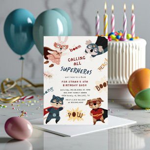 スーパーヒーローアニマル かわいい子供の誕生日招待状 招待状