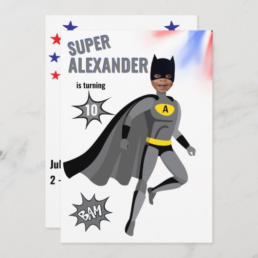 スーパーヒーローアメージングユニークボーイファブラス誕生日 招待状 (正面/裏面)