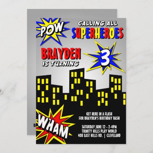 スーパーヒーローインザシティボーイズ誕生日 招待状 (正面/裏面)