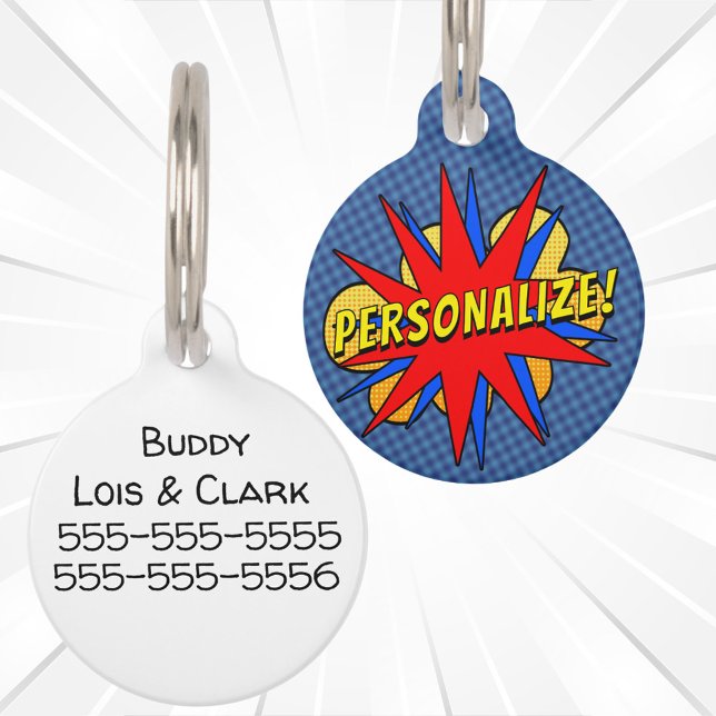 スーパーヒーローカスタム漫画ブックドッグIDラベル ペット　ネームタグ (Fun personalized comic book style dog ID tag.)